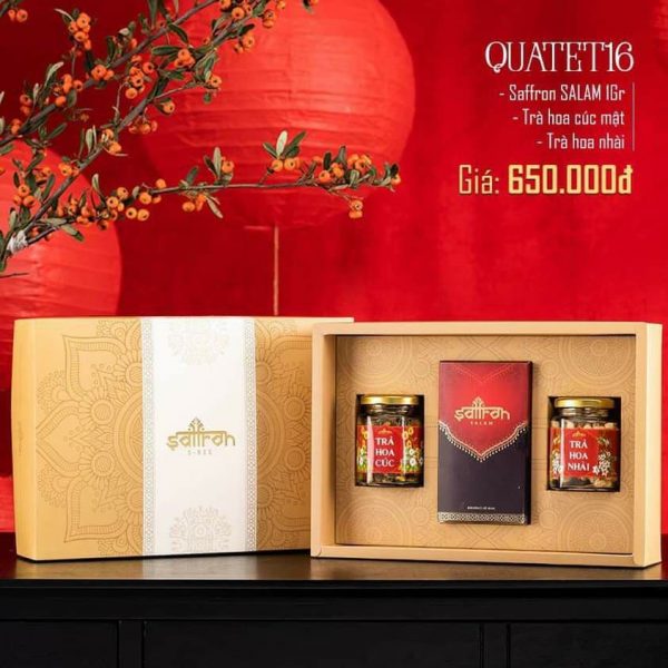 Hộp quà Tết SBEE gồm: Nhụy hoa nghệ tây Salam với trà hoa