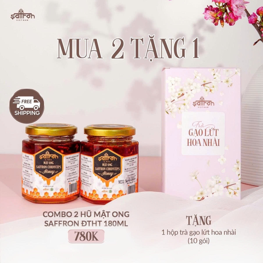 2 Mật ong Saffron Đông trùng hạ thảo 180ml - Tặng 1 Trà gạo lứt hoa nhài