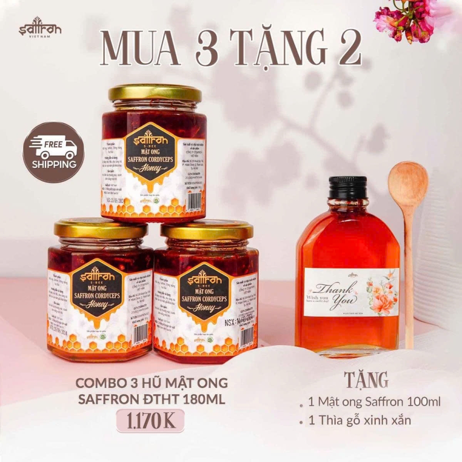 3 Mật ong Saffron Đông trùng hạ thảo 180ml - Tặng 1 Mật ong Saffron 100ml và thìa gỗ