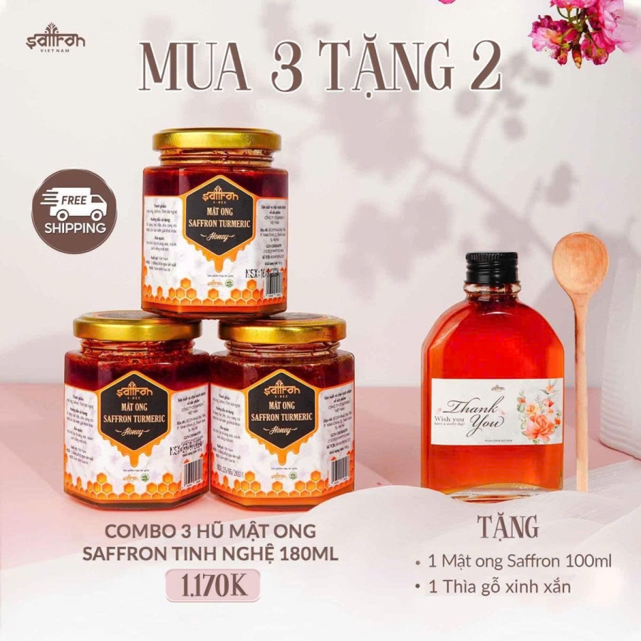 3 Mật ong Saffron ngâm tinh bột nghệ - Tặng 1 Mật ong Saffron 100ml và thìa gỗ