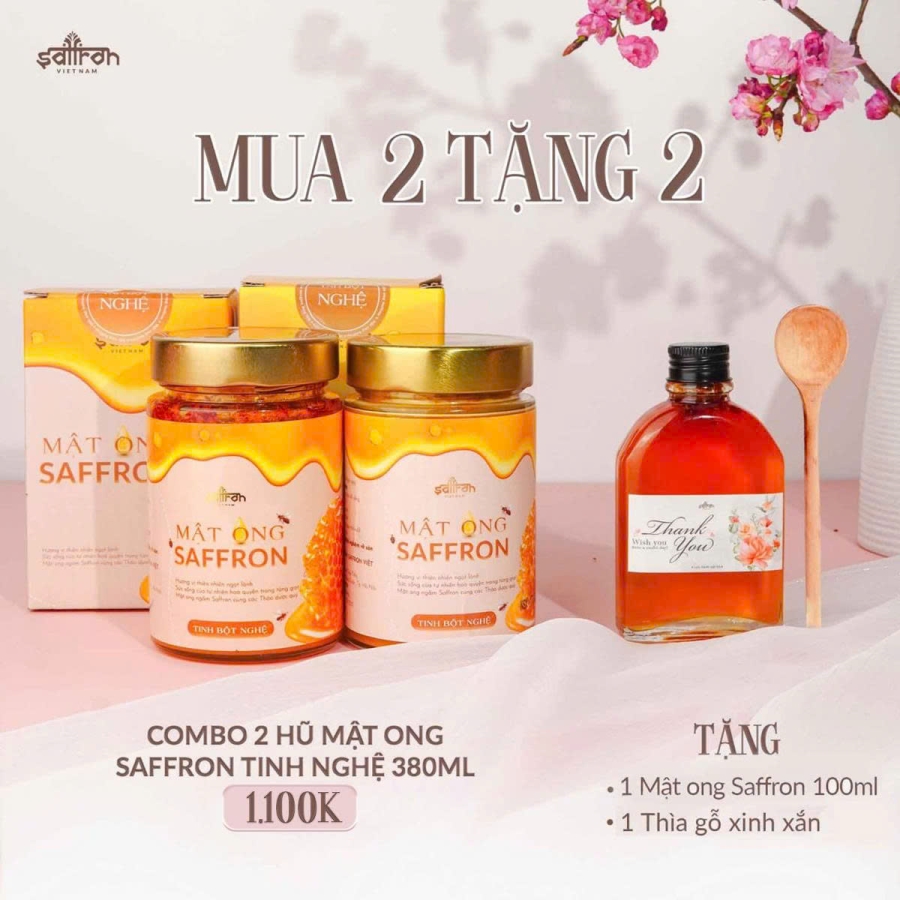 2 Mật ong Saffron Tinh nghệ 380ml - Tặng Mật ong Saffron 100ml và thìa gỗ