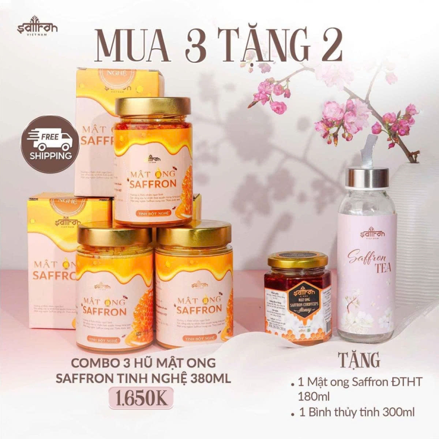 3 Mật ong Saffron Tinh nghệ 380ml - Tặng Mật ong Saffron ĐTHT 180ml và bình thủy tinh