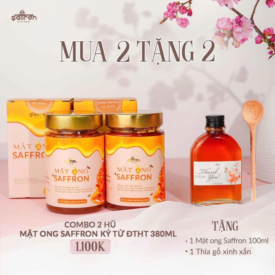 2 Mật ong Saffron Đông trùng hạ thảo Kỷ tử 380ml - Tặng Mật ong Saffron 100ml và thìa gỗ
