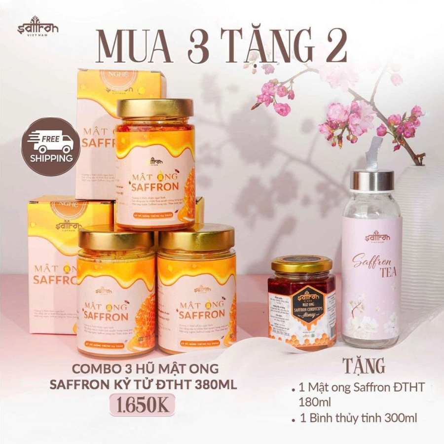 3 Mật ong Saffron Đông trùng hạ thảo Kỷ tử 380ml - Tặng Mật ong Saffron ĐTHT 180ml và bình thủy tinh
