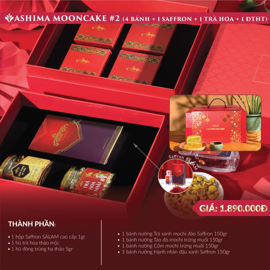 ASHIMA MOONCAKE #2 - Hộp quà 4 bánh trung thu + Saffron SALAM + ĐTHT và Trà hoa 