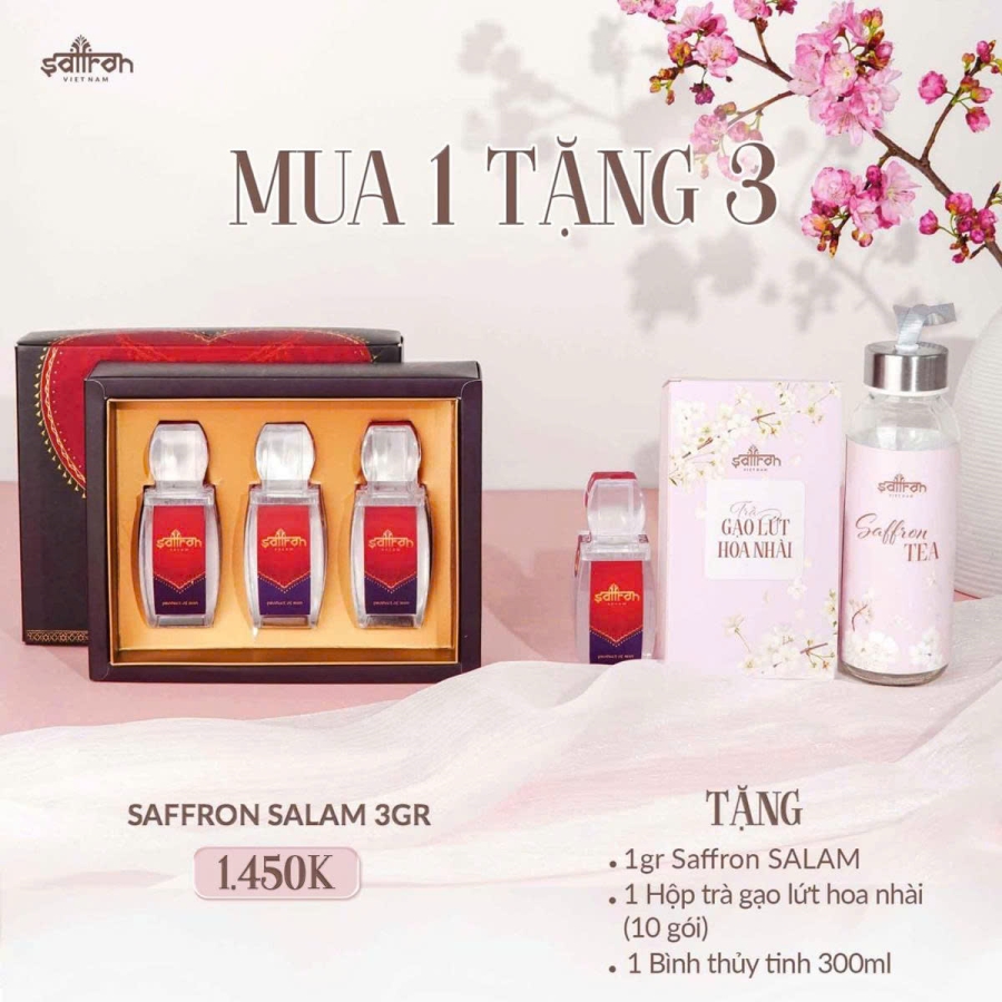 Saffron Salam 3 Gram – Tặng Saffron Salam, Trà gạo lứt hoa nhai và Bình thủy tinh